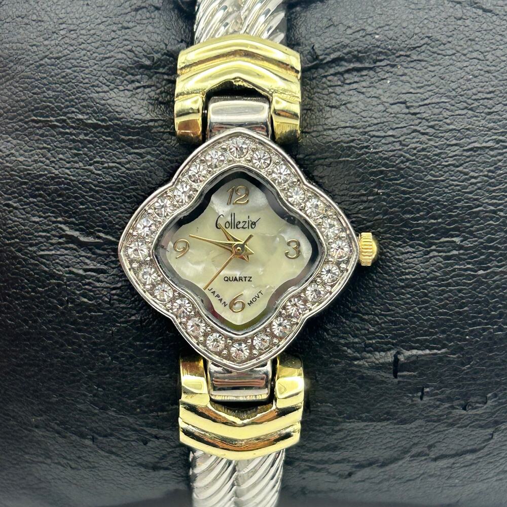 Collezie Two-tone Mother Pearl Dial Crystal Bezel Womens Cuff Watch New Battery